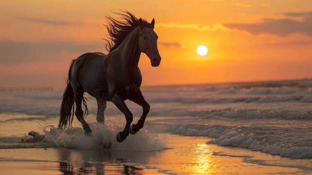 Black stallion running on beach