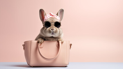 Fashionable rabbit with glasses and a bag as a concept for shopping and branded clothing, copy space	