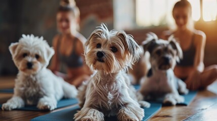 fitness with pups and yoga for girls.Young girl on yoga mats, bright yoga studio - obrazy, fototapety, plakaty