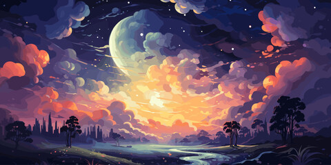 vector illustration of cumulonimbus clouds at night with a background of starry night and a big full moon vector flat bright colors