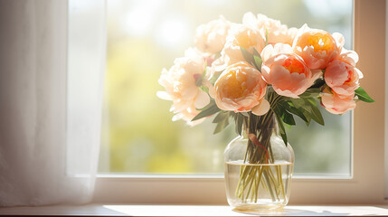 Bouquet of peonies in a vase on a background of a window with sunlight with copy space as a greeting card concept for Women's Day	