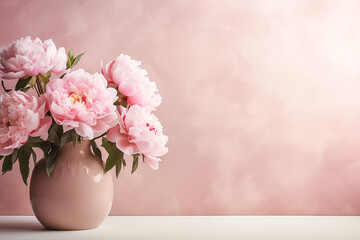 Bouquet of peonies in a vase on a studio background with copy space as a greeting card concept for Women's Day	