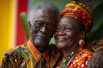 Black History Month banner with african-american elderly couple portrait in national clothes over red yellow green background. Juneteenth Freedom Day Celebration, african liberation day concept.