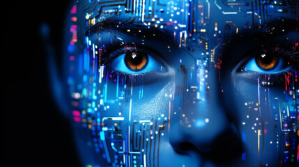 Fototapeta na wymiar Futuristic portrait of an AI girl in blue colors. Artificial intelligence, microcircuits.