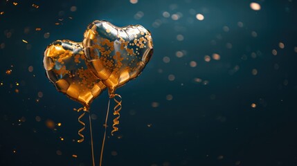 Generative AI, Foil golden balloons in heart shape and confetti for Valentine's day or wedding with copy space	
