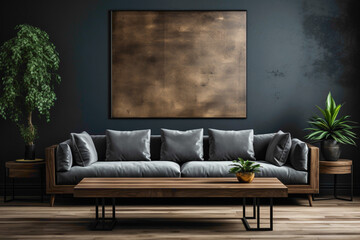 Visualize a minimalist arrangement featuring dark blue and grey sofas surrounding a wooden table. 