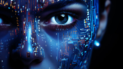 Fototapeta na wymiar Futuristic portrait of an AI girl in blue colors. Artificial intelligence, microcircuits.