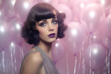 Elegant young woman with purple lipstick and silver dress posing with pink balloons