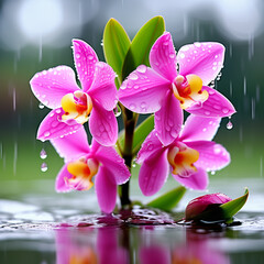 Linda Orquidea coberta por gotas de chuva