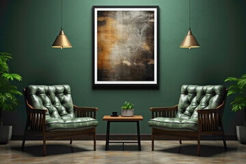 Visualize the charm of two chairs in green and charcoal grey, creating a tranquil setting against a blank wall. 