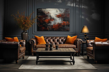Witness the sophistication of a living room featuring dark-colored sofas paired with a suitable table. 