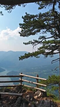 Flying from viewpoint Banjska stena rock at Tara mountain looking down to Canyon of Drina river, Serbia. Vertical video