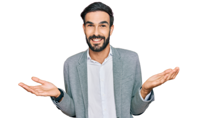 Young hispanic man wearing business clothes smiling showing both hands open palms, presenting and advertising comparison and balance