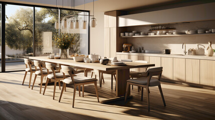 A sleek minimalist kitchen with a central island, complemented by a modern dining table and chairs. 