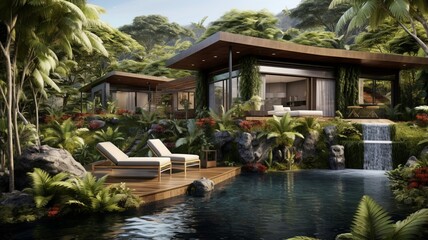 A jungle retreat with a winding pathway leading to a modern villa, perfectly harmonizing with the vibrant greenery surrounding it -Generative Ai