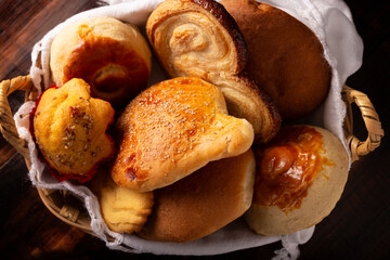 Variety of traditional Mexican sweet bread, Hojaldra, Bisquet, Chino, Oreja, Cacahuate, made by hand, in Mexico it is called Pan Dulce and cannot be missing at breakfast or snack.
