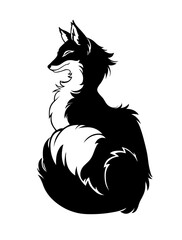 Monochrome drawing of a fluffy fox in profile