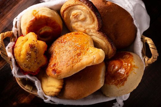 Variety of traditional Mexican sweet bread, Hojaldra, Bisquet, Chino, Oreja, Cacahuate, made by hand, in Mexico it is called Pan Dulce and cannot be missing at breakfast or snack.