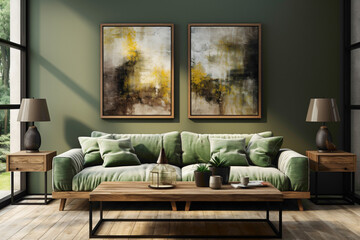 Craft a contemporary living space with two sofas in green and charcoal grey tones, harmonized by a wooden table. 