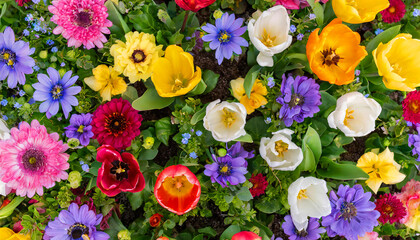 Spring garden flowerbed of many colorful blooming flowers