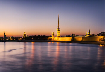view on an european looking landscape with wonderful architecture at sunset hour - obrazy, fototapety, plakaty