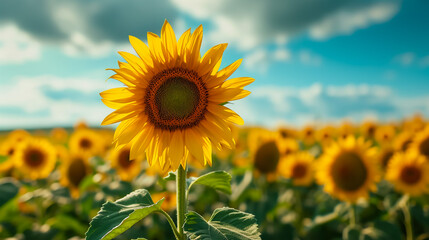Close-up of a sunflower growing in a field of sunflowers during a nice sunny summer day with some clouds. Helianthus