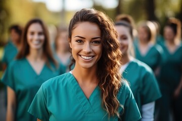 Confident female healthcare professionals in scrubs smiling at the camera