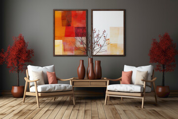 Create a stylish setting with two chairs in brown, white, and red hues, positioned against a blank wall with an empty frame awaiting your creative touch. 