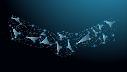 Abstract handshake model of molecule low poly wireframe on a blue background 