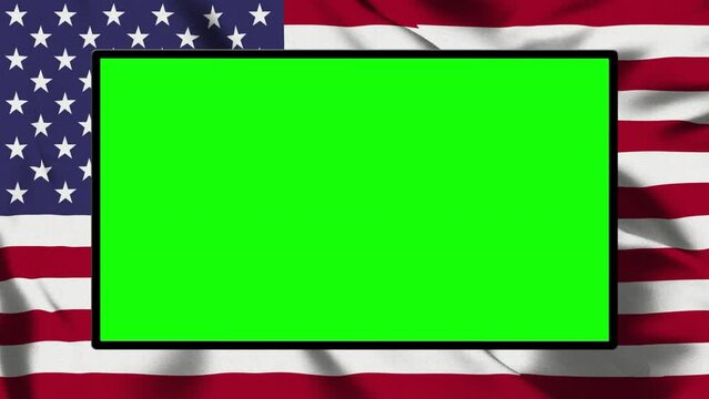 Large screen isolated from the alpha channel with the American flag waving in the background.Seamless loop.You can easily add images or videos within the screen.united states of America concept