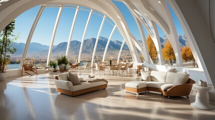 Modern luxury house interior living room with panoramic city and mountain views