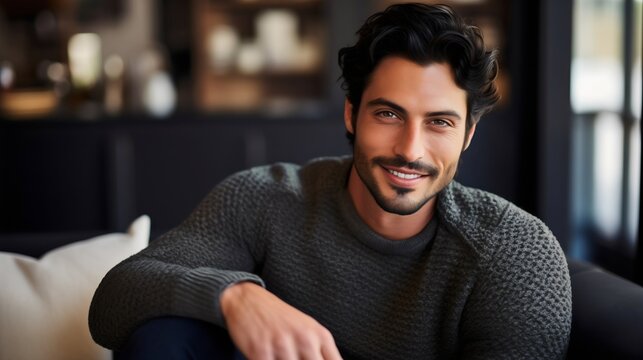 Handsome young man with black hair and beard sitting on the couch or sofa, smiling and looking at the camera. Closeup male model wearing gray sweater, attractive guy relaxation at home apartment