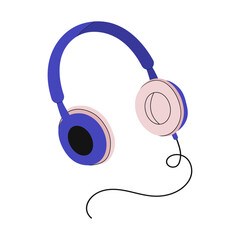 Hand drawn cute cartoon headphones with wire in 80s-90s style. Flat vector sticker, symbol, emblem, badge, patch.