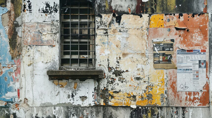 Window on peeling facade of painted and weathered wall