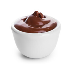 Bowl with tasty melted chocolate on white background