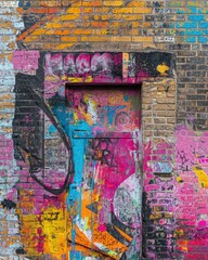 Graffiti Painted Door in Front of Brick Wall