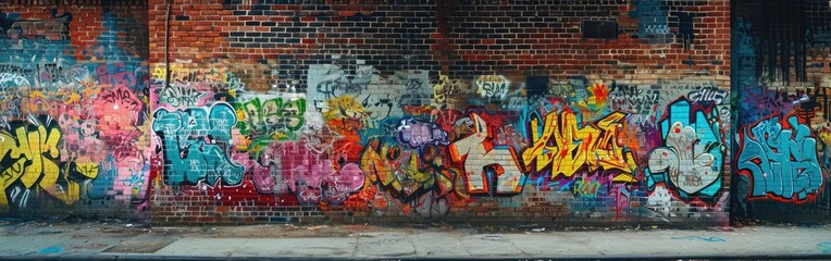 Naklejka premium Colorful Graffiti Adorns Brick Wall