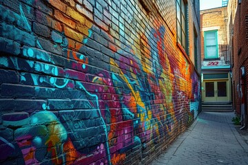 Wall with colorful graffiti in a brick building