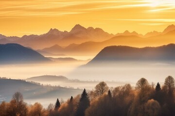 Austria, Tyrol, foggy sunset over the mountains in Schwaz. Generative AI - obrazy, fototapety, plakaty