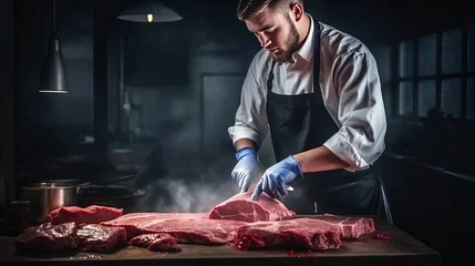 Fotobehang A male butcher is cutting meat in front of a dark surface. © Elchin Abilov