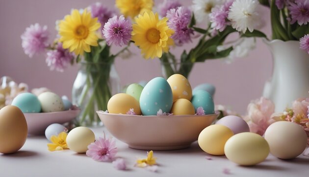 Pastel Easter Eggs and Spring Flowers Arrangement - Powered by Adobe