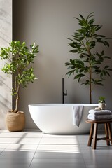 Bathroom with a large bathtub and two trees