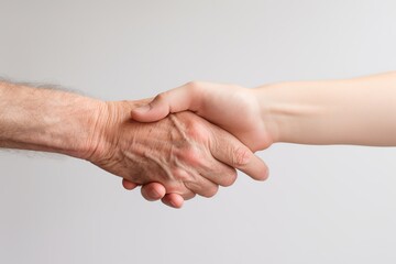 Hands of senior man and adult on white background
