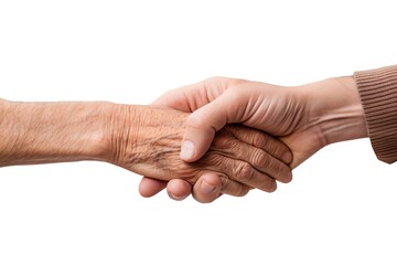 Hands of senior man and adult on white background
