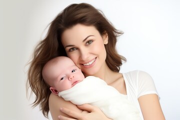 Pretty woman holding newborn baby in her arms on white background