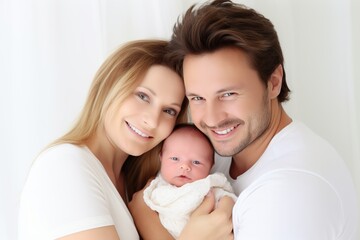 Pretty woman and man holding newborn baby on white background