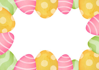 bright postcard for Easter holiday with flowers, eggs, copy space. Clipart frame, border, watercolor illustration on transparent background with empty space for inscription
