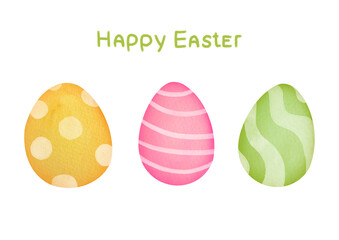 Watercolor colorful cute easter eggs, happy Easter inscription on transparent background. Happy Easter art. Paschal Elements set for Easter cards, covers, posters and invitations