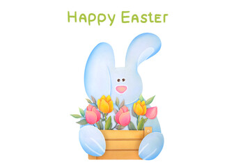 Cute Easter bunny with basket of flowers, Easter colored eggs. children s watercolor illustration on transparent background. Happy Easter Greeting card with spring flowers, funny bunny