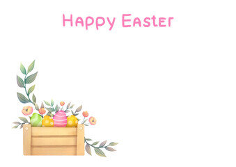 postcard for Easter holiday with flowers, eggs, happy Easter inscription, copy space. Clipart frame, border, watercolor illustration on transparent background with empty space for inscription